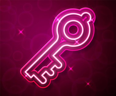 Parlayan neon hattı Kırmızı arkaplanda izole edilmiş eski sihirli anahtar simgesi. Vektör.