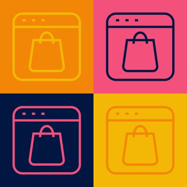 Pop Art Line Online alışveriş ekran simgesinden izole edilmiş renk arkaplanı. Konsept e-ticaret, e-ticaret, online iş pazarlama. Vektör.