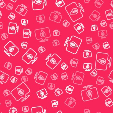 Dolar sembolü simgesi olan beyaz çizgili yağ damlası kırmızı zeminde izole edilmiş pürüzsüz desen. Petrol fiyatı. Petrol ve petrol endüstrisi. Vektör.