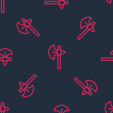 Kırmızı çizgi Ortaçağ balta simgesi siyah arka planda izole edilmiş kusursuz desen. Savaş baltası, cellat baltası. Ortaçağ silahı. Vektör.