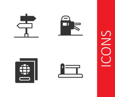 Demiryolu bariyeri trafik levhası Pasaport ve Turnike simgesini ayarlayın. Vektör.