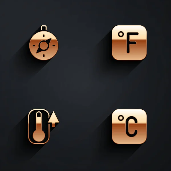 Set Boussole Fahrenheit Thermomètre Icône Celsius Avec Ombre Longue Vecteur — Image vectorielle