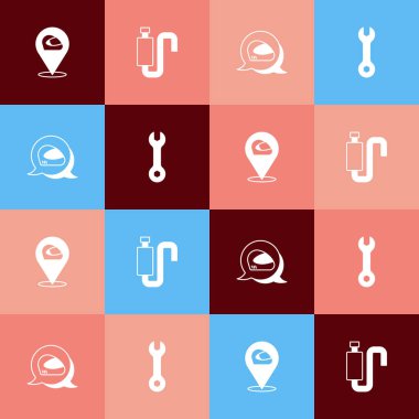 Pop sanat yarış kaskı araba susturucusu ve İngiliz anahtarı simgesini ayarla. Vektör.