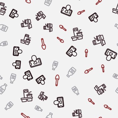 Seyyar kahve bardağına yiyecek siparişi ver. Şişe suyu ve kaşığı kusursuz olsun. Vektör.