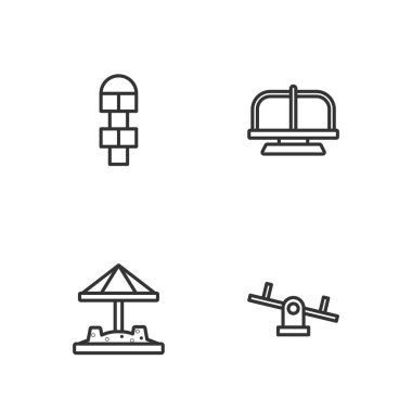 Tahterevalli Sandbox 'ı kum sekme ve atlıkarınca ikonuyla ayarla. Vektör.