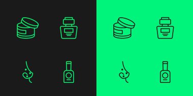 Bir şişe tırnak cilası, sivilce kremi ya da losyon kozmetik tüpü ve parfüm ikonu. Vektör.