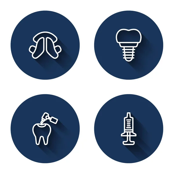 Set Line Implante Placa Dental Diente Con Caries Taladro Jeringa — Archivo Imágenes Vectoriales