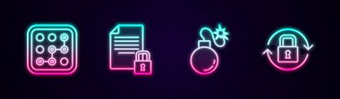 Çizgisel şifre koruma belgesini ayarla ve bomba ve kilidi kilitle. Parlayan neon ikonu. Vektör.
