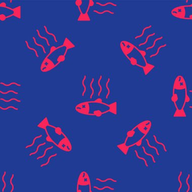 Kırmızı ölü balık ikonu mavi arka planda izole edilmiş kusursuz desen. Çürük balık. Vektör.