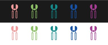 Siyah ve beyaz arkaplanda izole edilmiş simgeyi budamak için el yapımı makas ayarlayın. Ahşap saplı budama makası. Vektör.