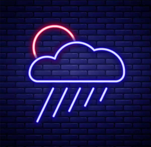 Glowing Neon Line Cloud Rain Sun Icon Isolated Brick Wall — Stock Vector