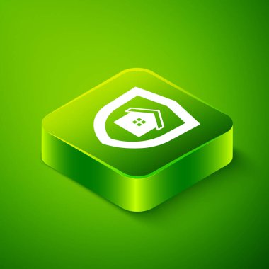 Yeşil arka planda kalkan simgesi olan Isometric House. Sigorta konsepti. Güvenlik, güvenlik, koruma, konsept koruma. Yeşil kare düğmesi. Vektör.