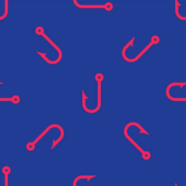 Kırmızı balık kancası ikonu mavi arkaplanda izole edilmiş pürüzsüz desen. Balık oltası. Vektör.