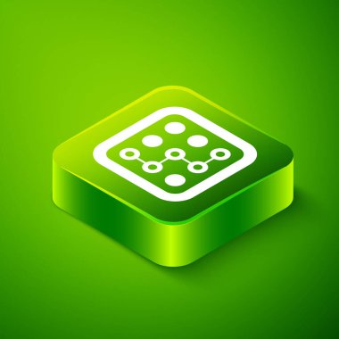 Isometric Grafik şifre koruması ve yeşil arkaplanda izole edilmiş güvenlik erişim simgesi. Güvenlik, güvenlik, koruma, gizlilik kavramı. Yeşil kare düğmesi. Vektör.