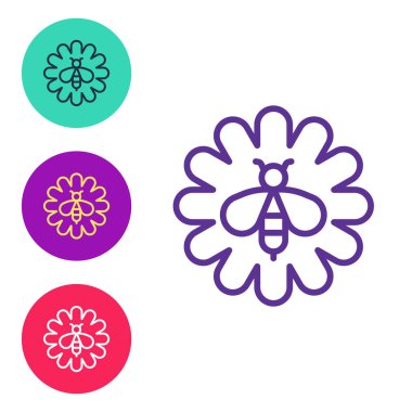 Beyaz arkaplanda izole edilmiş çiçek simgesindeki çizgi arısını ayarla. Tatlı doğal yemek. Bal arısı ya da kanat sembollü apis. Uçan böcek. Simgeleri renklendirin. Vektör.