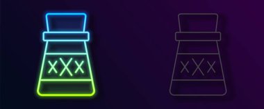 Siyah zemin üzerinde iksir ikonu olan parlak neon hattı şişesi. Sihirli iksirli matara. Mutlu Cadılar Bayramı Partisi. Vektör.