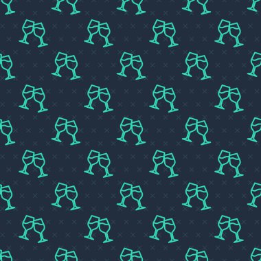 Yeşil çizgi şarap cam ikonu mavi arka planda izole edilmiş pürüzsüz desen. Şarap kadehi işareti. Vektör.