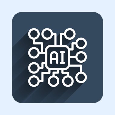 Beyaz çizgi sinirsel ağ simgesi uzun gölge arkaplanı ile izole edildi. Yapay zeka yapay zekası. Mavi kare düğme. Vektör.