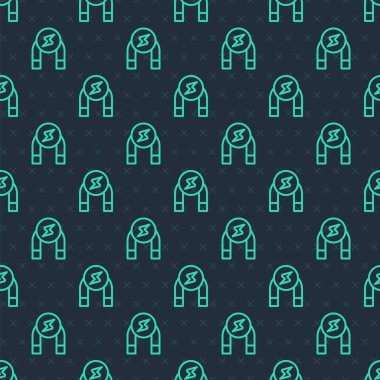 Yeşil çizgi Mıknatıs simgesi mavi arkaplandaki kusursuz deseni izole etti. At nalı mıknatısı, manyetizma, manyetizma, çekim. Vektör.