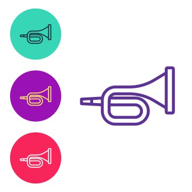 Beyaz zemin üzerinde izole edilmiş müzikal enstrüman trompet ikonu ayarla. Simgeleri renklendirin. Vektör.