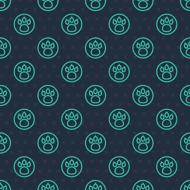 Yeşil çizgi Paw arama simgesi mavi arkaplanda izole edilmiş kusursuz desen. Hayvan ayak izleri olan büyüteç. Vektör.
