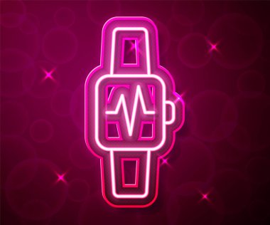 Parlak neon çizgisi. Kırmızı arkaplanda kalp atış hızı simgesini gösteren akıllı saat. Fitness uygulaması konsepti. Vektör.