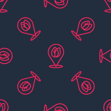 Simgenin içinde yaprak olan kırmızı çizgi konum broşu siyah arkaplanda izole edilmiş pürüzsüz desen. İşaret bırakıyor. Taze doğal ürün sembolü. Vektör.