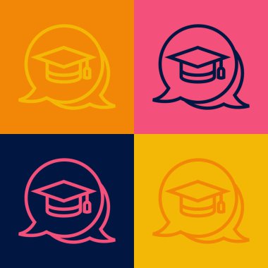 Konuşma baloncuğu ikonundaki pop sanat eseri mezuniyet kapağı renk arkaplanında izole edilmiş. Tassel ikonlu mezuniyet şapkası. Vektör.
