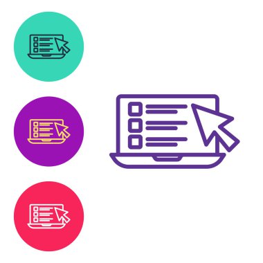 Satır çevrimiçi sınav, test, inceleme ya da kontrol listesi simgesini beyaz arkaplanda izole et. Sınav listesi. E-eğitim konsepti. Simgeleri renklendirin. Vektör.