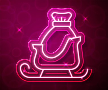 Kırmızı arka planda izole edilmiş çuval torba ikonu olan parlak neon çizgili Noel Baba kızağı. Mutlu Noeller ve mutlu yıllar. Vektör.