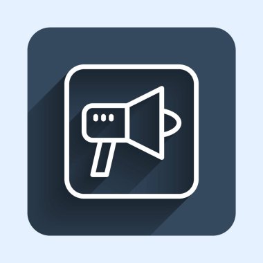 White line Megaphone icon isolated with long shadow background. Speaker sign. Blue square button. Vector.
