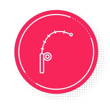 Beyaz çizgili olta çubuğu simgesi beyaz arkaplanda izole edildi. Büyük bir balık yakala. Balıkçılık ekipmanları ve balık çiftliği konuları. Kırmızı daire düğmesi. Vektör.