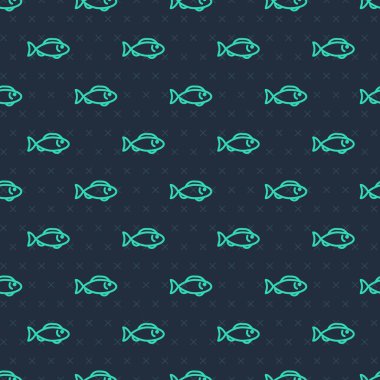 Yeşil çizgi Balık simgesi mavi arkaplandaki kusursuz deseni izole etti. Vektör.