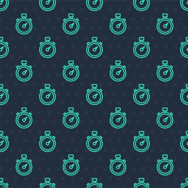 Yeşil çizgi Stopwatch simgesi mavi arkaplandaki kusursuz deseni izole etti. Zaman göstergesi. Kronometre işareti. Vektör.