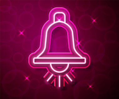 Parlayan neon hattı alarm zili simgesi kırmızı arkaplanda izole edildi. Yangın alarmı. Servis zili, el zili işareti, uyarı sembolü. Vektör.