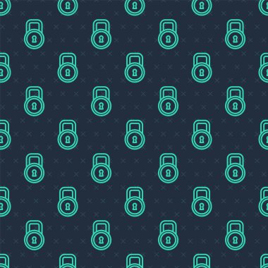 Green line Lock icon isolated seamless pattern on blue background. Padlock sign. Security, safety, protection, privacy concept. Vector.