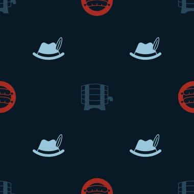 Sosis ahşap fıçısını rafa koyun ve Oktoberfest şapkasını da pürüzsüz hale getirin. Vektör.