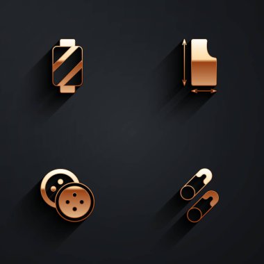 Giysiler için dikiş ipliği düğmesini ve uzun gölgeli kapalı çelik iğne simgesini ayarlayın. Vektör.