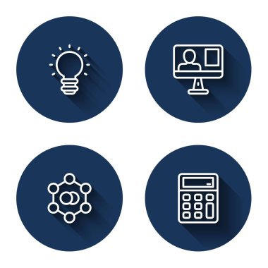 Çizgi oluşturucu lamba fikri online sınıf molekül ve uzun gölgeli hesap makinesi. Mavi daire düğmesi. Vektör.