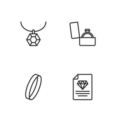 Elmas Alyans Kolyesi ve Elmas Nişan Kutusu ikonunun sertifikasını ayarla. Vektör.