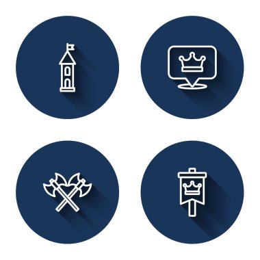 Kale Kulesi Kralı taçlandırılmış ortaçağ baltalarını ve uzun gölgeli Ortaçağ bayrağını geçti. Mavi daire düğmesi. Vektör.