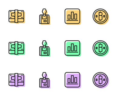 Çizgi Pie grafiği bilgi yığını kağıt para satıcısı ve Kripto para birimi simgesi Bitcoin simgesini ayarla. Vektör.