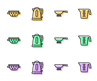 Kızartma tavasını ateşe verin. Mutfak süzgeci elektrikli su ısıtıcısı ve ölçü kabı ikonu. Vektör.