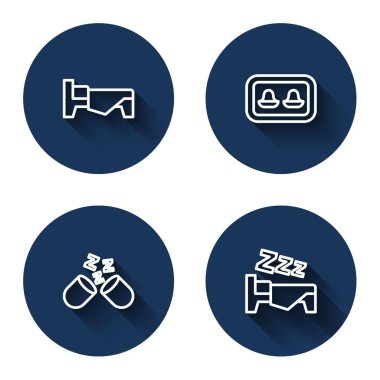 Yatak tıkaçlarını depolama kutusuyla ayarla ve Zaman uzun gölgeli uyur. Mavi daire düğmesi. Vektör.