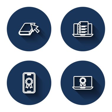 Çevrimiçi Kitap Sınav Anketi Eğitimi 'ni diplomayla ve uzun gölgelerle ayarla. Mavi daire düğmesi. Vektör.