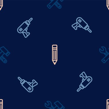 Çekiç, anahtarlı anahtarlı elektrikli matkap ve silgisiz silgiyle kalem ayarlayın. Vektör.