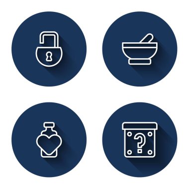 Açık asma kilit cadı kazanı. Aşk iksiri ve uzun gölgeli gizemli kutu. Mavi daire düğmesi. Vektör.