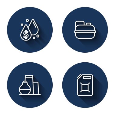 Benzin deposu ve uzun gölgeli benzin deposu için dolar sembollü yağ damlasını ayarlayın. Mavi daire düğmesi. Vektör.