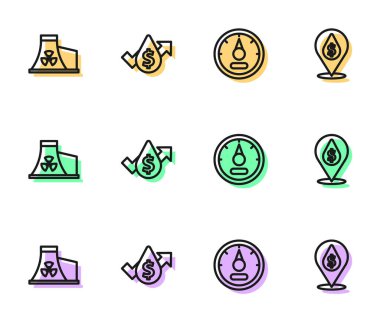 Motor benzini göstergesini ayarlayın. Nükleer enerji santrali petrol fiyatlarına zam yapın ve dolar sembolü simgesi ile bırakın. Vektör.