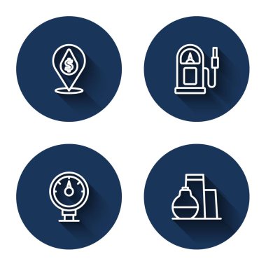 Petrol ya da benzin istasyonunun uzun gölgeli depolama hattı ya da benzin istasyonunu işaretle. Mavi daire düğmesi. Vektör.